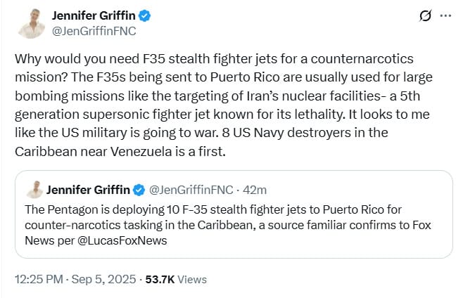 Tweets indicating that the US is dispatching war planes to Puerto Rico to engage in attacks on ships in the area.