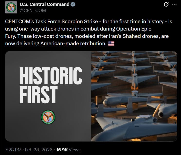 US Central Command tweet bragging about using Shahed-style drones